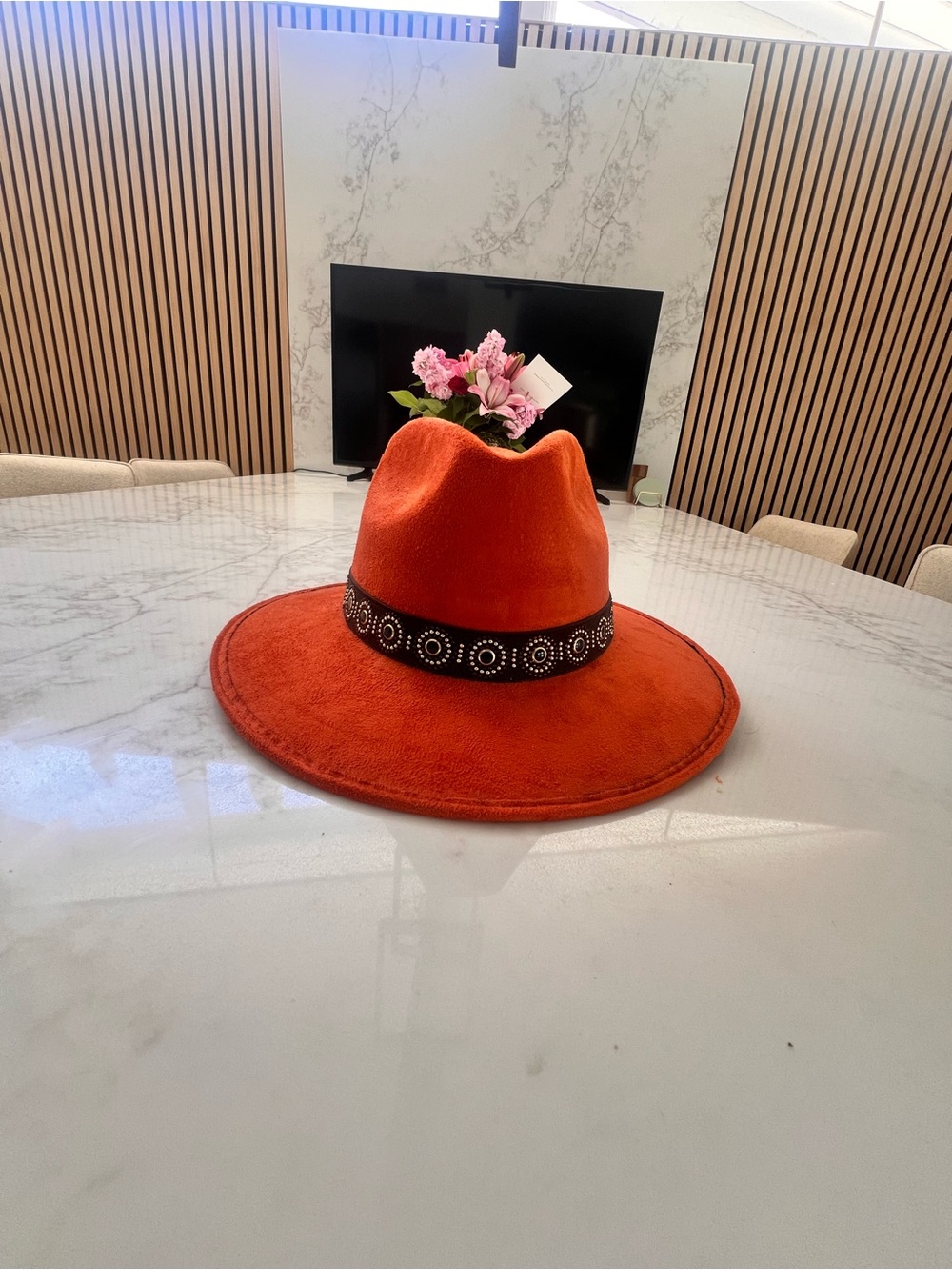 Orange Wide-Brim Fedora Hat with Studded Band
